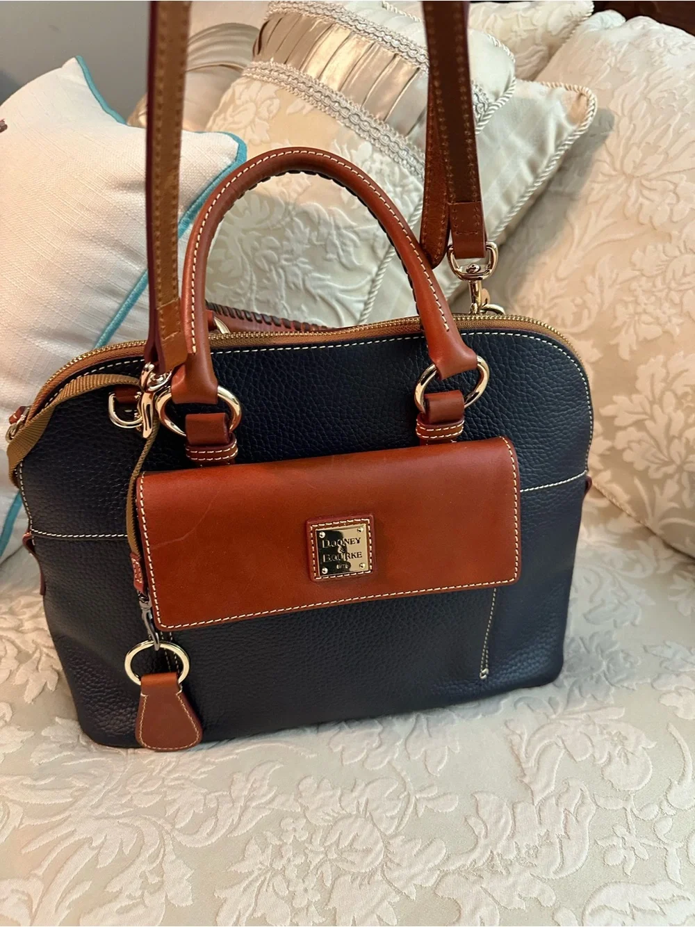 Dooney & Bourke Navy and Brown Pebble Leather Satchel